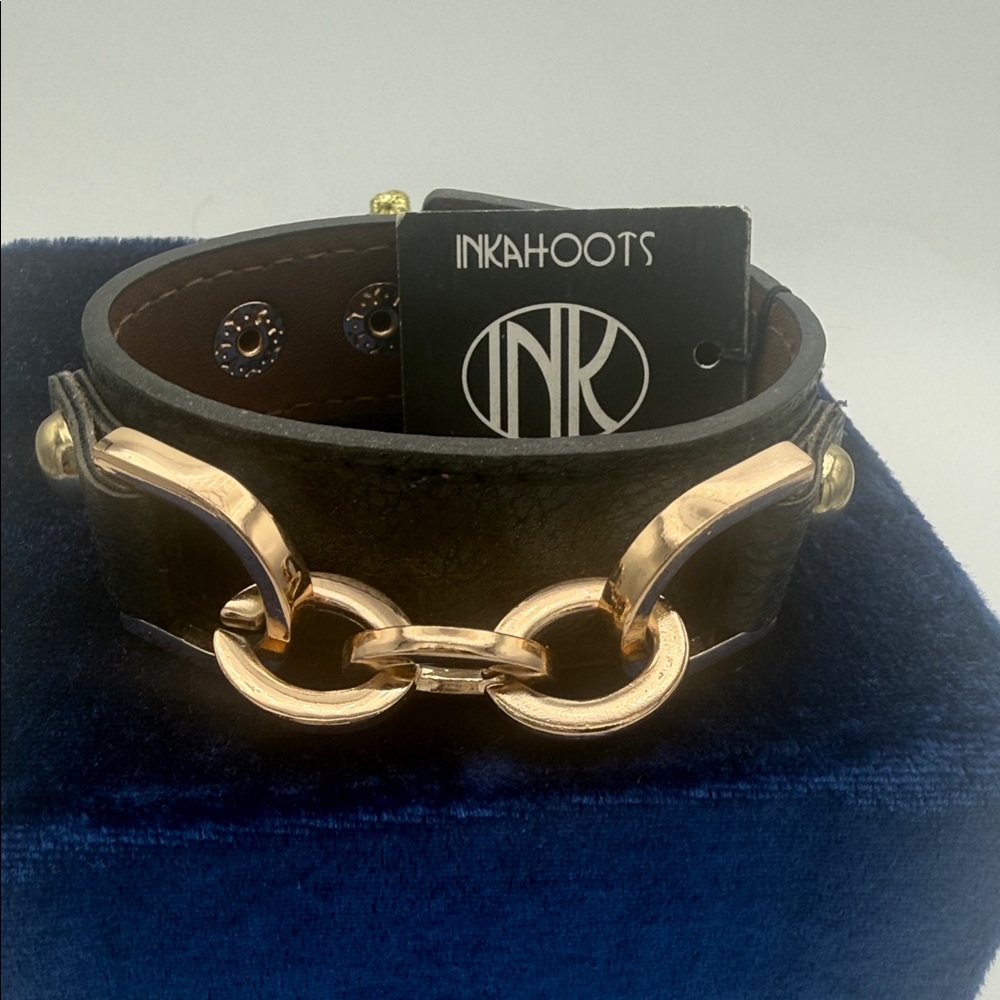 Inkahoots Black Leather Bracelet with Rose Goldtone Chain Accents NWT